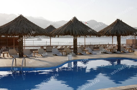 the coast with a Beach in the city of Aqaba on the red sea in Jordan in the middle east.