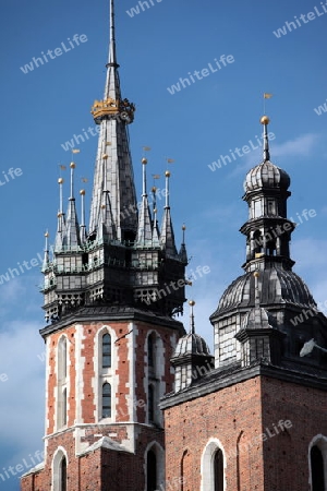 Der Rynek Glowny Platz mit der Marienkirche in der Altstadt von Krakau im sueden von Polen. 