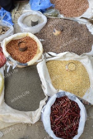 The Market in the village of Ywama at the Inle Lake in the Shan State in the east of Myanmar in Southeastasia.