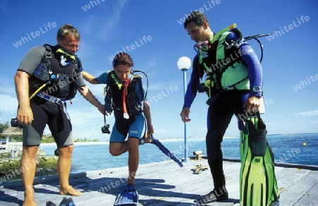 
Eine Tauchschule an der Insel Velavaru im Southmale Atoll auf den Inseln der Malediven im Indischen Ozean.  