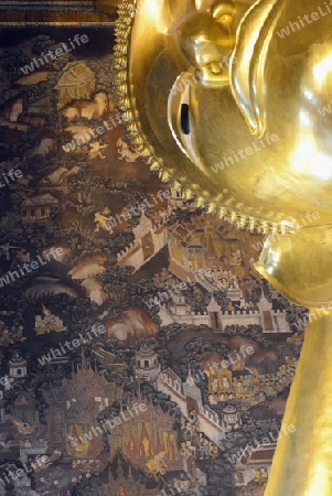 Der Grosse liegende Buddha im Wat Pho Tempel in der Stadt Bangkok in Thailand in Suedostasien.