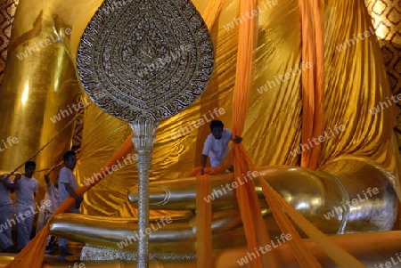 A allday ceremony in the Wat Phanan Choeng Temple in City of Ayutthaya in the north of Bangkok in Thailand, Southeastasia.